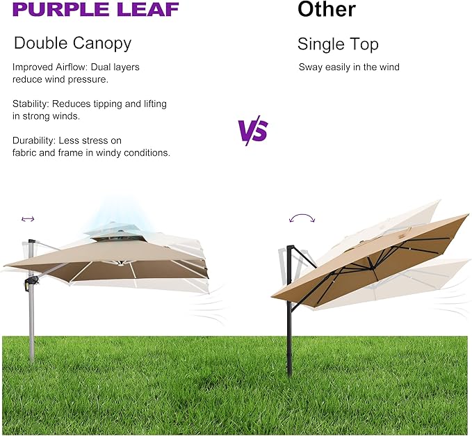 PURPLE LEAF 12 Feet Double Top Deluxe Solar Powered LED Square Patio Umbrella Light Patio Umbrella Outdoor Cantilever Umbrella with Lights, Beige