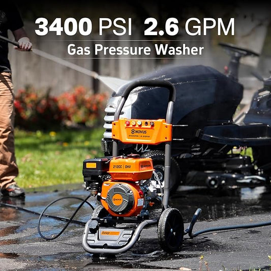 NOVUS Gas Pressure Washer 3400 PSI, 2.6 GPM Power Washer with 30FT Extra-Long Hose, 5 Nozzles, Onboard Soap Tank, 212CC Engine, Spray Gun and Wand, for Vehicles Driveways Patios Fences Furniture
