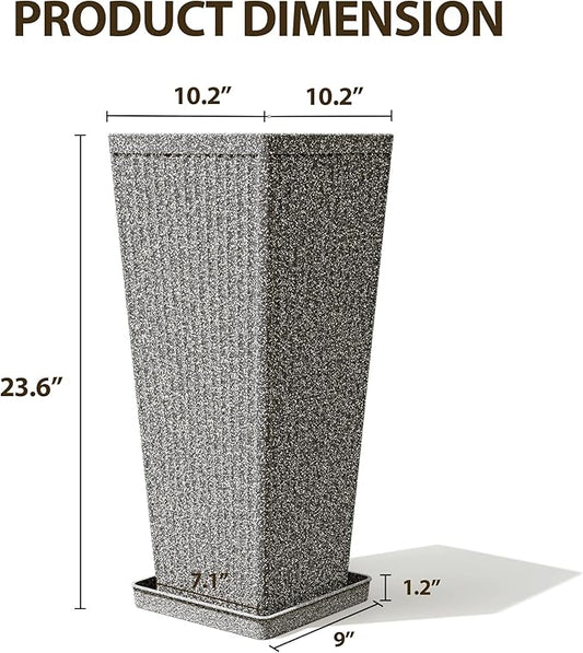Tapered Tall Planters for Outdoor Plants 2 Pack- 23.6 Inch Heavy-Duty Classic Square Indoor Flower Pots with Drainage Holes/Partition/Tray, Large Outdoor Planters for Porch Patio, Gray