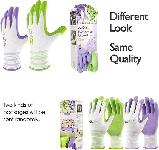 COOLJOB 6 Pairs Gardening Gloves for Women Ladies, Breathable Rubber Coated for Yard Garden, Outdoor Indoor Protective Work, Medium Size, Lavender Purple & Apple Green