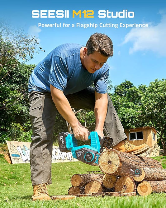 SEESII Electric Chainsaw Cordless 12-inch, Handheld Chain Saws with a 4.0Ah Battery, Tree Saw with Tool-free Chain Tension, Auto Oiling for Wood Cutting Trimming Branch