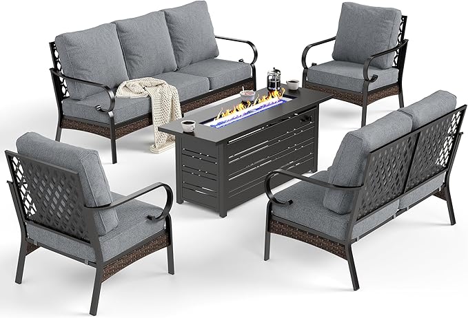 5 Piece Black Metal Outdoor Patio Furniture Sets with Firepit Table, Patio Conversation Sets 1 3-Seater Sofa, 1 2-Seater Sofa, 2 Single Sofa with 5.75" Cushion for Backyard Deck, Gray