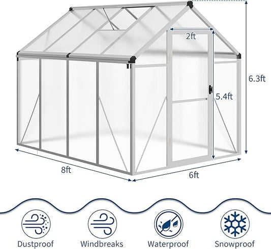 6 x 8 ft Greenhouse, Greenhouses for Outside, Polycarbonate Greenhouse with Aluminum Frame, Lockable Door and Ajustable Roof Vent for Backyard, Green Houses for Outside Garden Backyard, Patio