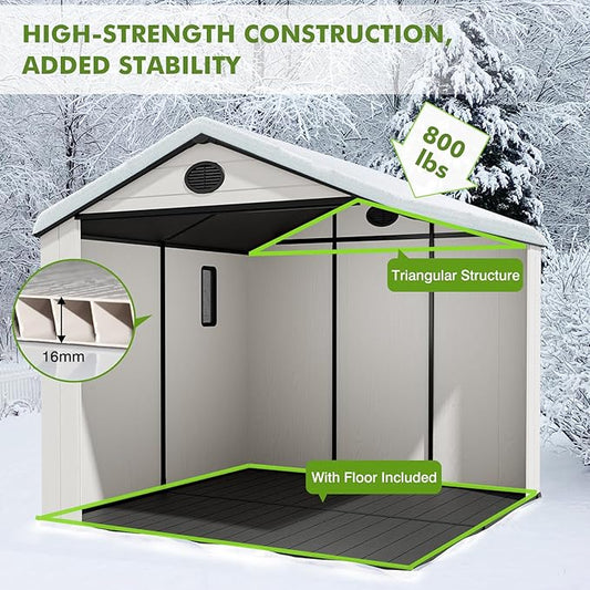 COOS BAY 8x6 Outdoor Resin Storage Shed with Floor, 2 Lockable Doors, All-Weather Durable Garden Shed for Tools & Equipment, White/Gray