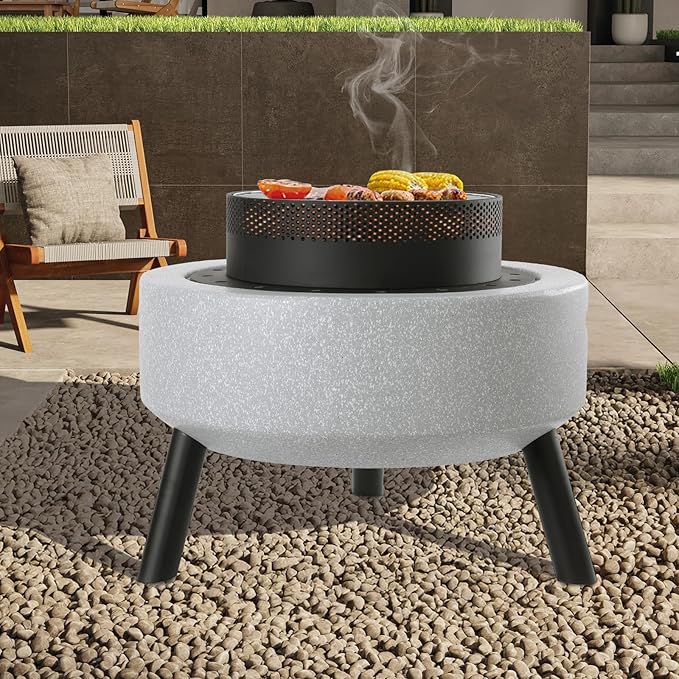Outdoor Round Fire Pit 25” Faux Concrete Burning Firepit Portable Tripod Charcoal Grill for Patio Garden Backyard Barbecue, with Spark Screen, Firebowl, Poker, Stainless Steel Rack