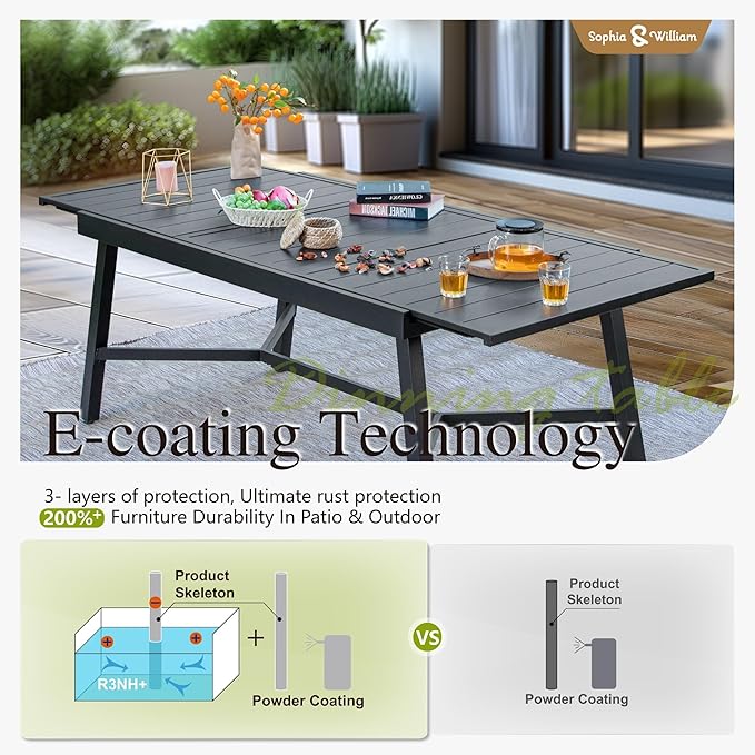 Sophia & William Black Expandable Patio Table Metal Outdoor Dining Table with E-Coating for 6-8 Person Lawn Garden Deck Rectangular Extendable Table