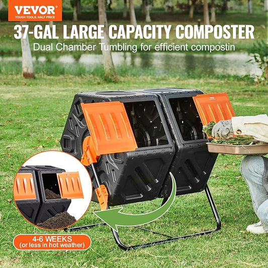 VEVOR Compost Bin, 37-Gal Dual Chamber Composting Tumbler, High Volume Two Rotating Chambers with 2 Sliding Door and Steel Frame, BPA Free Composter Bin Tumbler for Garden, Kitchen, Yard, Outdoor