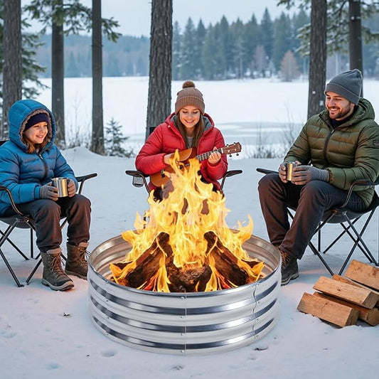 OLIXIS 4FT Round Fire Ring Pit, Outdoor Camp Firepit, Heavy Duty Galvanized Steel 48 Inch Foldable Outside Wood Burning Bonfire Fire Pit Ring for Camping, Backyard, Garden, Beach, Yard Gatherings