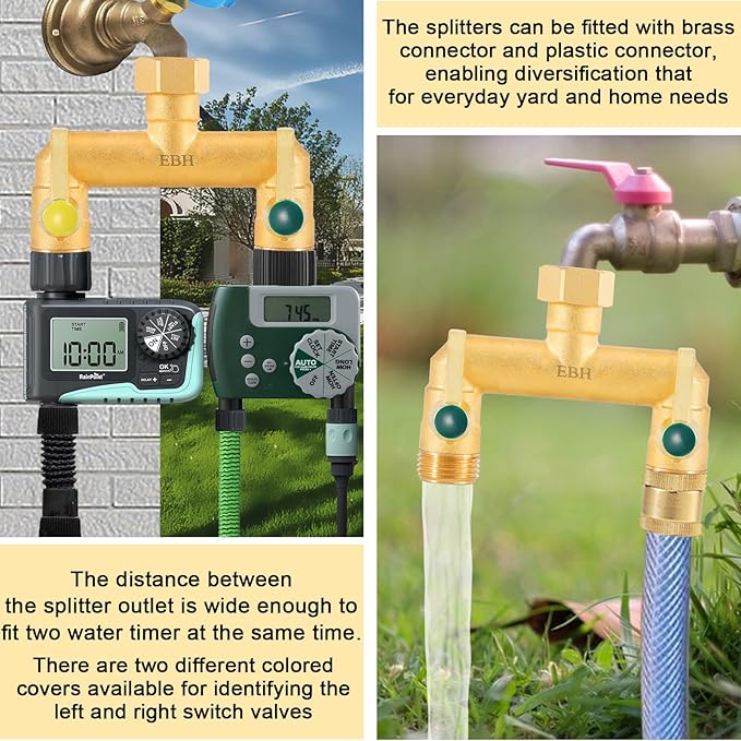 EBH Garden Hose Splitter, Full Flow Outdoor Faucet Splitter, 2-Way High Flow Brass Heavy Duty Hose Splitter with Long Metal Handle。