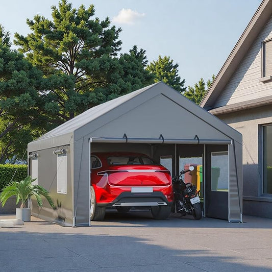 13x20 FT Heavy Duty Carport, Outdoor Storage Shed Tent with 2 Roll-Up Doors, Side Panels & Galvanized Steel Frame, All-Season Garage Shelter with Dual Mesh Ventilation Windows, Silver