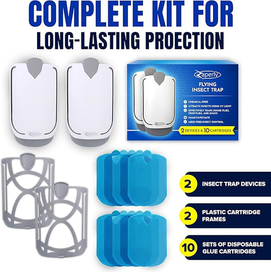 2 Fruit Fly Traps & 10 Adhesive Cartridges, Indoor Plug-in Bug Catcher, UV Light Fly Trap Captures Fruit Flies, Gnats, Houseflies, Moths, and Flying Insects for Kitchen, Bathroom, Plant Areas