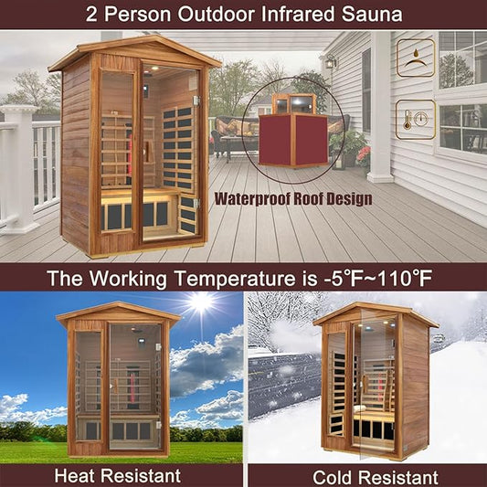Outdoor Sauna 2 Person, Ceramic Infrared Saunas for Home, Ultra Low EMF Infrared Sauna, Mahogany Wood Home Sauna Room with Bluetooth Speakers, LED Reading Lamps, Chromotherapy Lights