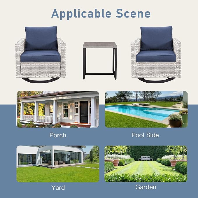 Outdoor Rocker Chairs - Patio Swivel Chair Set, Two Wicker Chairs with One Side Table, Light Grey/Blue