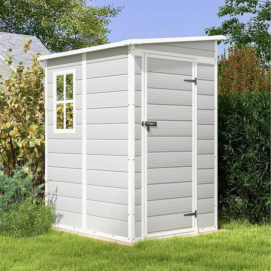 Patiowell 5x4 FT Outdoor Storage Shed, Resin Storage Shed with Floor & Lockable & Window Door for Patio Furniture, Garden Tools and Bicycle, Light Gray