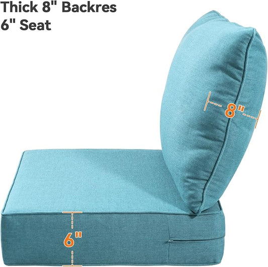 6" Thick Outdoor Cushions 22x24x6, 2-Set Deep Seat Patio Cushions with Removable Cover, Waterproof & Fade Resistant Replacement for Wicker Chair, Loveseat, Sofa - Teal