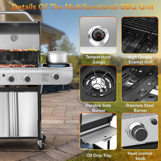 3-Burner Propane Gas BBQ Grill with Side Burner,Stainless Steel Gas Grill with Cast Iron Grates,37000 BTU Barbecue Grill, Suitable for Outdoor Cooking,Camping,Patio Backyard