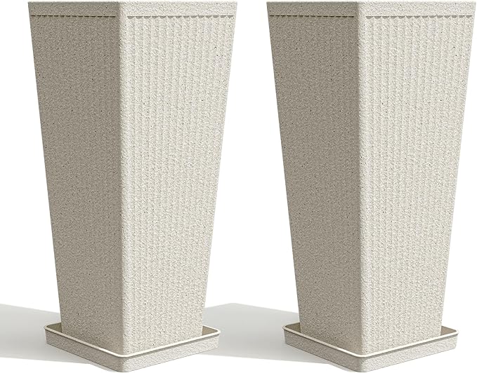 Tapered Tall Planters for Outdoor Plants 2 Pack- 23.6 Inch Heavy-Duty Classic Square Indoor Flower Pots with Drainage Holes/Partition/Tray, Large Outdoor Planters for Porch Patio, Beige