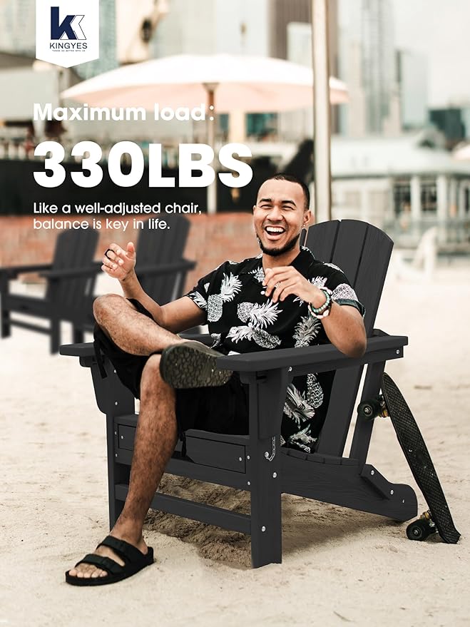 KINGYES Folding Adjustable Adirondack Chair with Retractable Ottoman Set of 6, HDPE All Weather Chair with Cup Holder - Versatile Adirondack Chair, Black