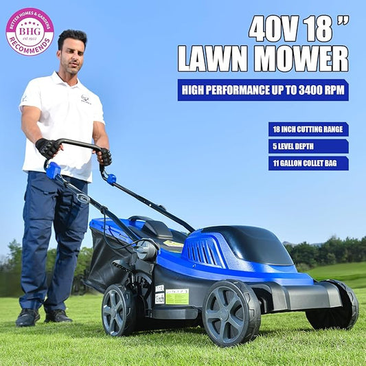 Wild Badger Power 40V 18″ Cordless Lawn Mower Brushless , 3,767 sq ft/0.087 ac, 1×4.0Ah Battery & Fast Charger, 5-Position Height ,for Small-to-Medium Lawns