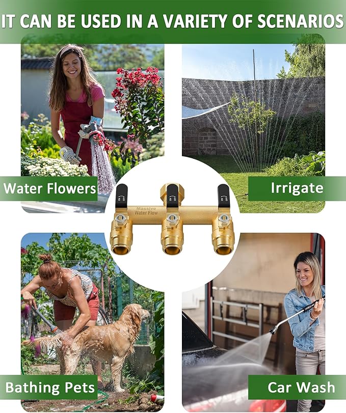3 Way Hose Splitter, Heavy Duty Full Flow Garden Water Hose Bib Spigot Splitter, Brass Rust and Freeze Resistant Outdoor Faucet Splitter, T Adapter Connector with 3/4 - Inch GHT Thread (Black)