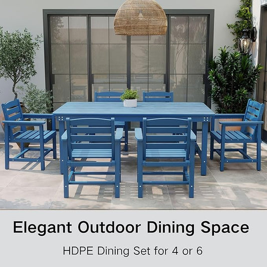 Kingdura 7 Piece Patio Dining Set for 6, HDPE Outdoor Table & Chairs with Umbrella Hole, All-Weather Outdoor Furniture Patio Conversation Set for Lawn Pool Backyard, Navy Blue