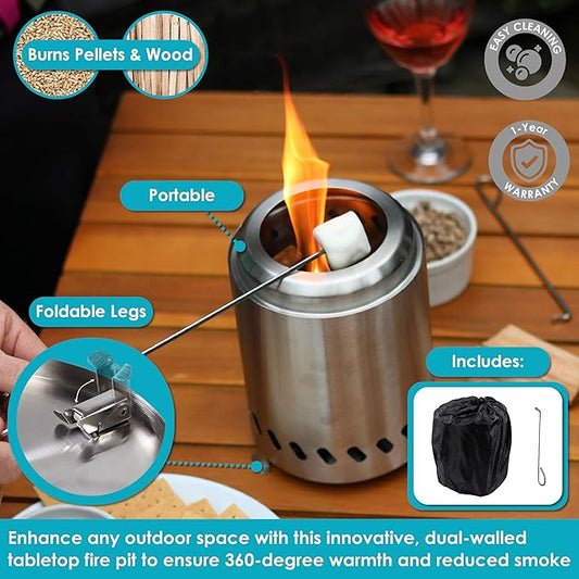 Sunnydaze Tabletop Smokeless Fire Pit with Foldable Legs, Storage Bag, and Poker - Pellet or Wood Burning Portable Fire Pit for Camping - 8-Inch H - Silver