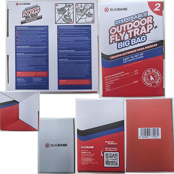 Fly Traps Outdoor Fly Trap for Patio. 2 Large Non-Toxic Pre-Baited Flies Bags Outdoor Disposable. Big Hanging Bug Catchers for All Filth Flies Killer for Outside Bug Control in Yard Horse Ranch