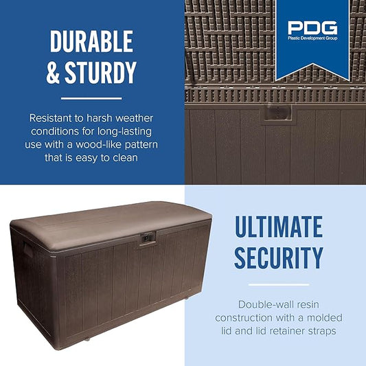 Plastic Development Group Outdoor Storage Deck Box, Soft Closure, 105 Gallon, Java