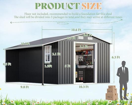 AMERLIFE 10.6x10.3x6.3 FT Galvanized Metal Storage Shed with Open Firewood Storage Area, Sliding Doors & Ramp, 2 Windows & Vents, Weather-Resistant Outdoor Tool/Yard Shed, Dark Gray