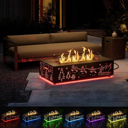 Dineli Propane Fire Pit Table 42 Inch Gas Fire Pits & Outdoor Fireplaces, Tabletop Fire Pit Firepits for Outside Patio, 50,000 BTU (Gray, Christmas Pattern with RGB Light)