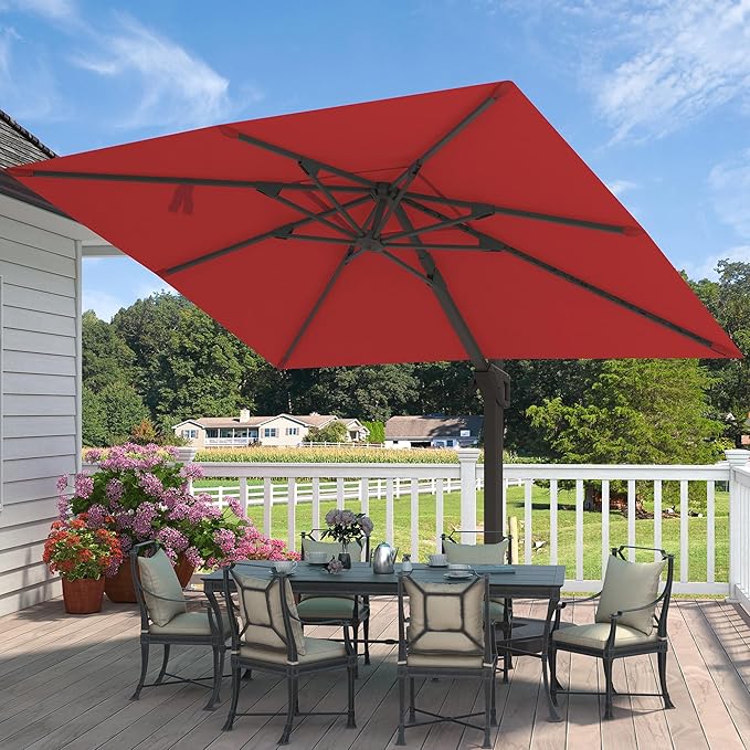 9' X 12' Cantilever Patio Umbrella with Base Included Rectangular Outdoor Large Offset Umbrellas with 7 Tilts Adjustable 360°Rotation for Deck Pool Garden Backyard, Red