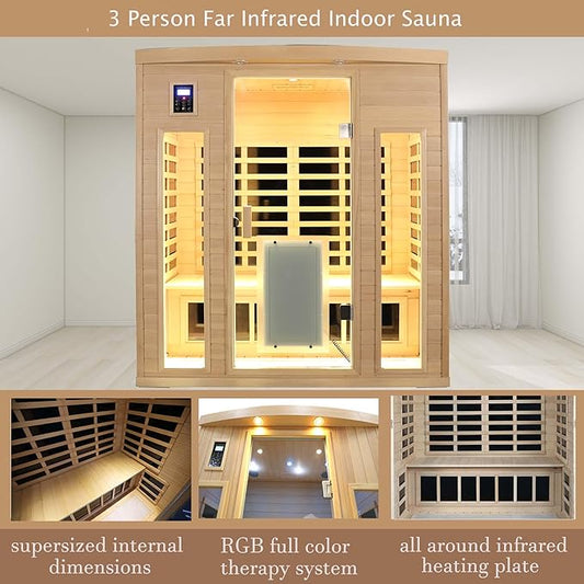 Infrared Sauna 3 Person, 0-5mg Ultra Low EMF Infrared Saunas for Home, Indoor Home Sauna Spa, Hemlock Wooden Sauna Room, Bluetooth Speakers, Chromotherapy Lights