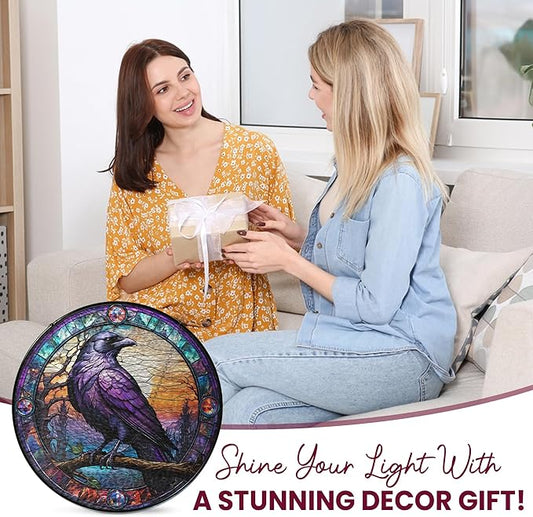 FLAGWIX Raven Stained Glass Window Hanging 8 in - Crow Gifts Decorations - Black Crow Sun Catchers Indoor Window for Gothic Home Decor, The Raven Gifts for Women Men Friends Family