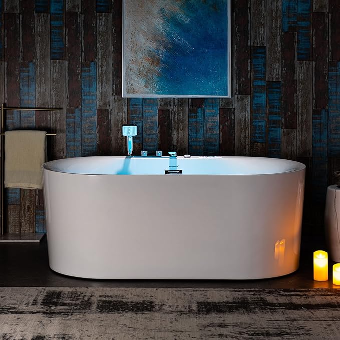 WOODBRIDGE 59" x 31-1/2" Whirlpool Water Jetted and Air Bubble Freestanding Heated Soaking Combination Bathtub with Faucet,BJ-100+F0041