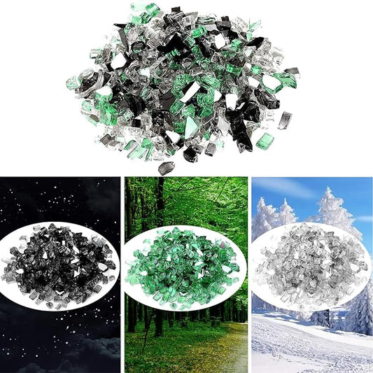 Onlyfire 10 Pounds Blended Reflective Fire Glass for Fire Pit Fireplace and Landscaping, 1/2 Inch Mixed Colored High Luster Fireglass Rocks for Outdoor & Indoor - Onyx Black+Platinum+ Light Green