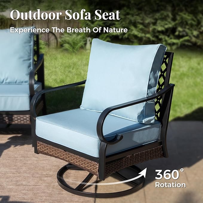 Patio Furniture Set with Firepit Table, Black Frame Outdoor Conversation Set with 2 x Swivel Chairs, 1 x 2-Seat Sofa, 1 x 3-Seat Sofa for Lawn Garden Backyard, Blue
