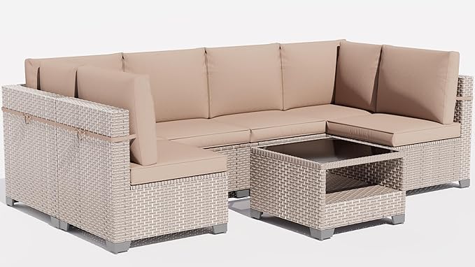 14 Pieces Patio Furniture Set, Outdoor Sectional Wicker Sofa with Thick Cushions and Storage Coffee Table, Rattan Patio Conversation Sets for Deck Yard Poolside, Khaki