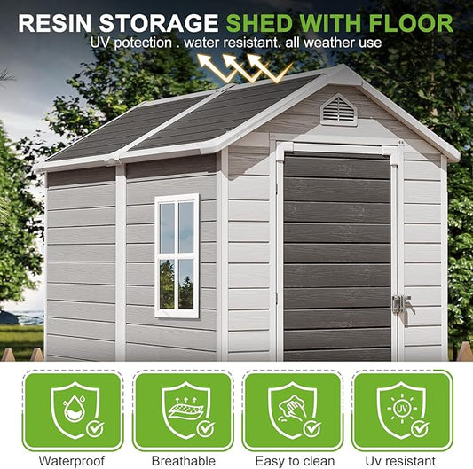 4x6 FT Plastic Outdoor Storage Shed with Floor and Lockable Door, All-Weather Resin Storage Shed Easy to Install, Plastic Sheds & Outdoor Storage for Garden Backyard, Patio, Dove Grey