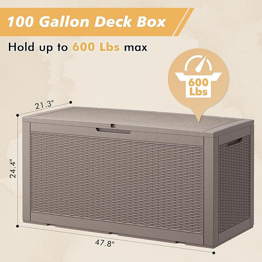 Outdoor Storage Box, Resin Deck Boxes Outdoor Waterproof For Patio Furniture, Garden Tools, Pool Supplies, Durable And UV Resistant, Lockable (100 Gallon, Grey)