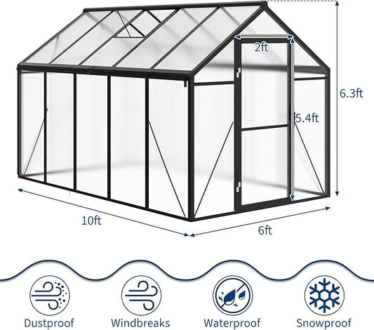 6 x 10 ft Greenhouse, Greenhouses for Outside, Polycarbonate Greenhouse with Aluminum Frame, Lockable Door and Ajustable Roof Vent for Backyard, Green Houses for Outside Garden Backyard, Patio