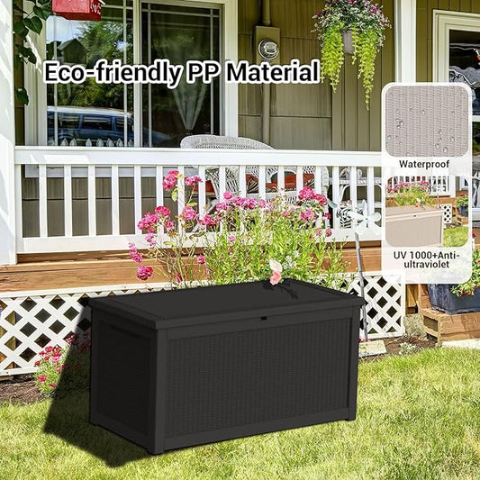 DRATO 320 Gallon Deck Box, Outdoor Large Waterproof Resin Storage Box with Lockable Lid for Patio Cushions, Gardening Tools, Black