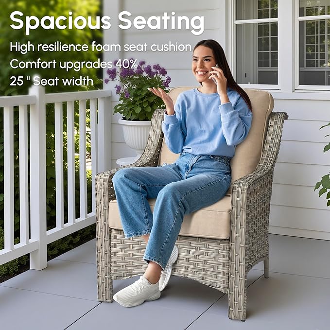 6 Pieces Patio Outdoor Furniture Set,All Weather Wicker Rattan Patio Seating Sofa and Chair Set w/Ottoman and Glowing Coffee Table,Outdoor Conversation Sets for Deck Yard Garden,Beige