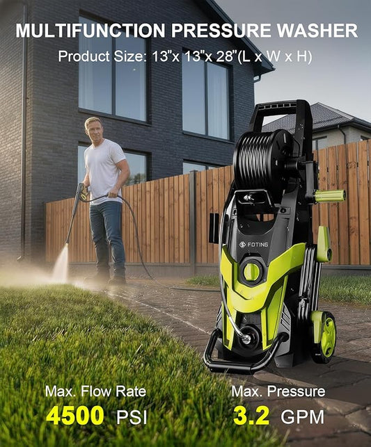 2025Upgraded Pressure Washer 4500PSI with 4 Quick Connect Nozzles,Inlet Hose & Filter, Foam Cannon for Cars/Fences/Driveways/Patios/Home Cleaning,Green
