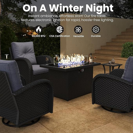 Rectangular Fire Pit Table, 44 inch Propane Gas Fire Pit with Glass Rocks, Wind Guard Glass Shield, Waterproof Cover for Outside Patio Backyard Deck Balcony