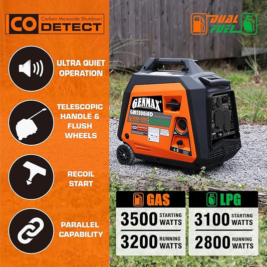 GENMAX Portable Generator, 3500W Super Quiet Gas or Propane Powered Engine with Parallel Capability, Manual start,Ideal for Camping Travel Outdoor.EPA Compliant