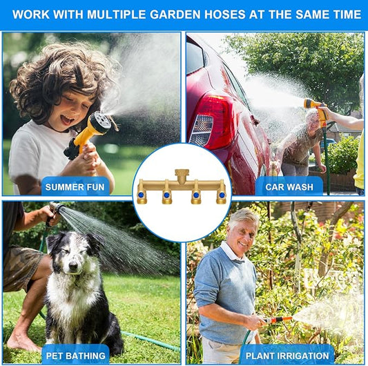 Brass Garden Hose Splitter, 4 Way Hose Splitter, Outdoor Hose Splitter, GHT 3/4 in. Female Inlet and 3 Way 3/4 in. Male Outlet for Regulating and Shutting Off Water Flow