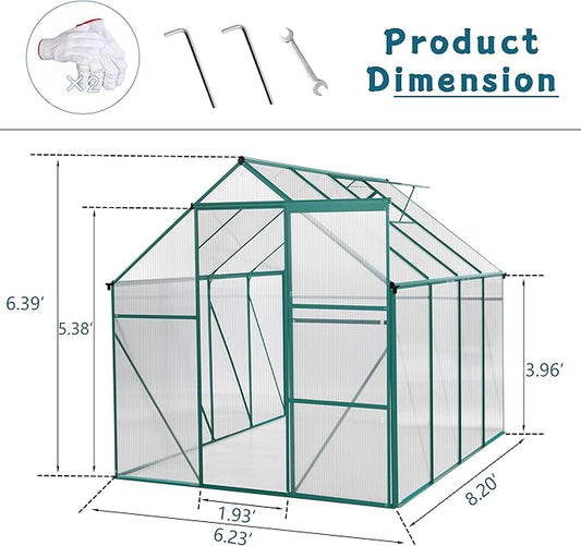 6×8 FT Outdoor Greenhouse for Backyard, Polycarbonate Walk-in Green House with Aluminum Frame, Raised Base, Sliding Door & Adjustable Roof Vent, Greenhouses for Outdoors Winter Use, Green