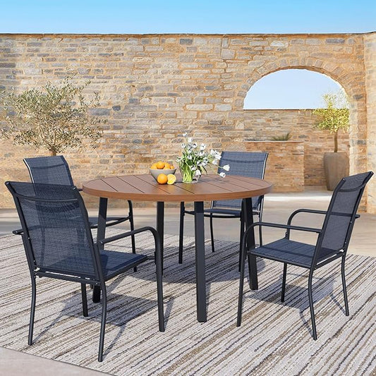 5 Pieces Patio Dining Set for 4, Dark Blue Patio Stackable Chairs and Walnut Round Table Set of 4, Outdoor Furniture Set with Sling Support for Outside, Garden
