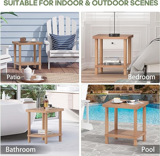 LEJANEOYE Outdoor Side Table, 2-Tier Small Outdoor Table for Patio, Adirondack Side Tables for Outside or Indoor, Bamboo End Table for Pool, Porch, Weather Resistant Easy Maintenance