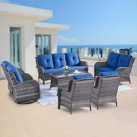 Belord Outdoor Wicker Furniture Patio Set - 7 Piece Backyard Furniture Grey Rattan Conversation Sets with Swivel Rocker Chairs, Rattan Sofa, Club Chairs and Coffee Table, Blue Cushion